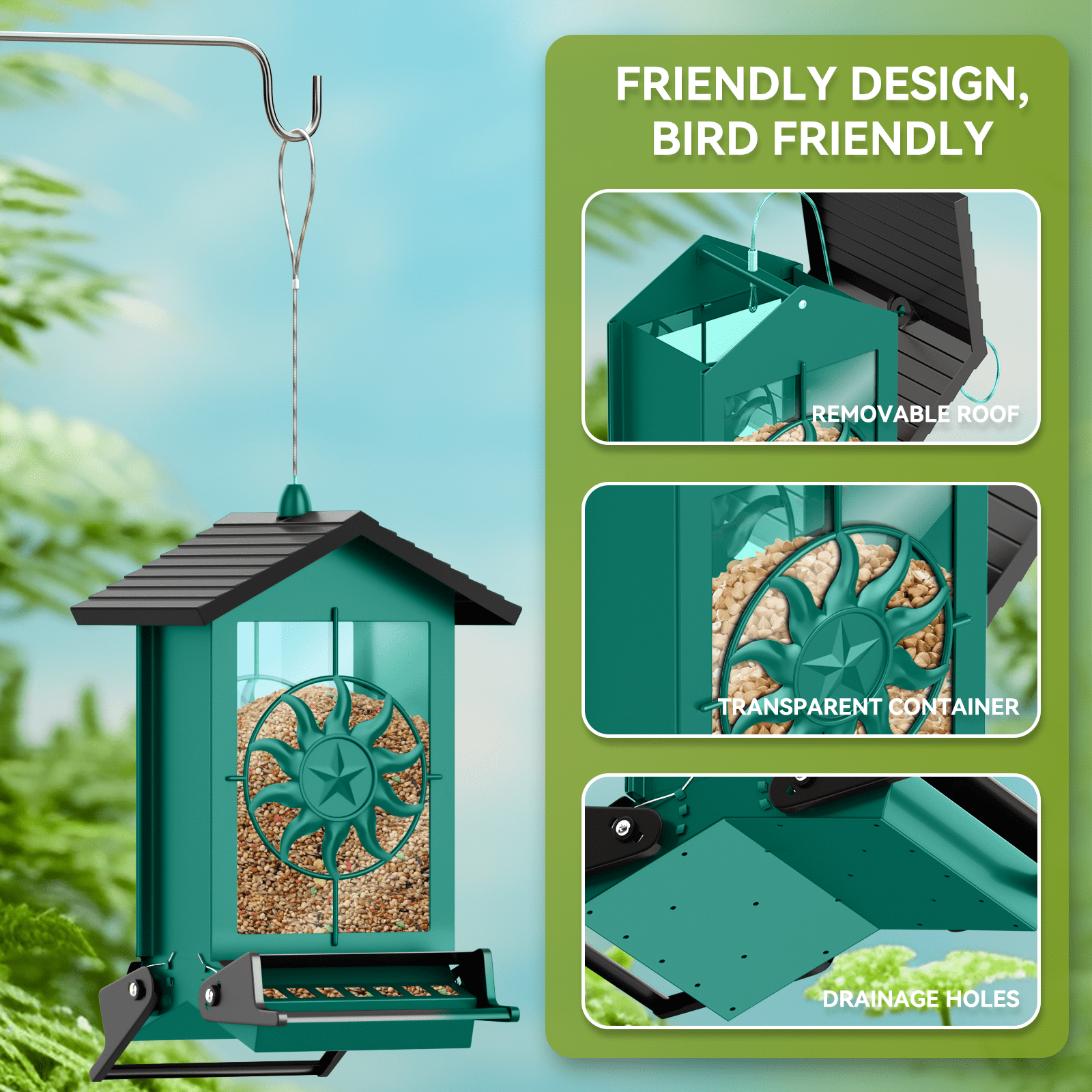 Squirrel Proof Bird Feeder for Outdoors Hanging, Metal Wild Bird Seed Feeder with Bilateral Weight-Activated Perches, 5LB Large Capacity Wild Bird Feeders for Outside Finch, Cardinal, Blue Jay