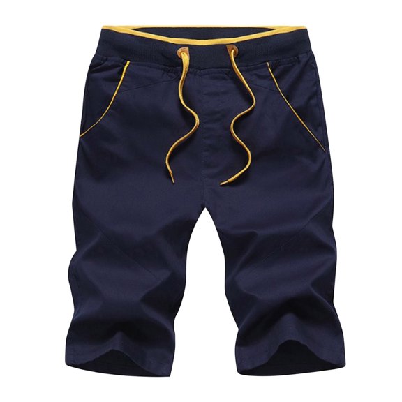 HOOMEUMY Men's Shorts Summer Beach Shorts with Pockets Drawstring Elastic Waist Bermuda Shorts Solid Color Above Knee Length Shorts for Men Blue XXL