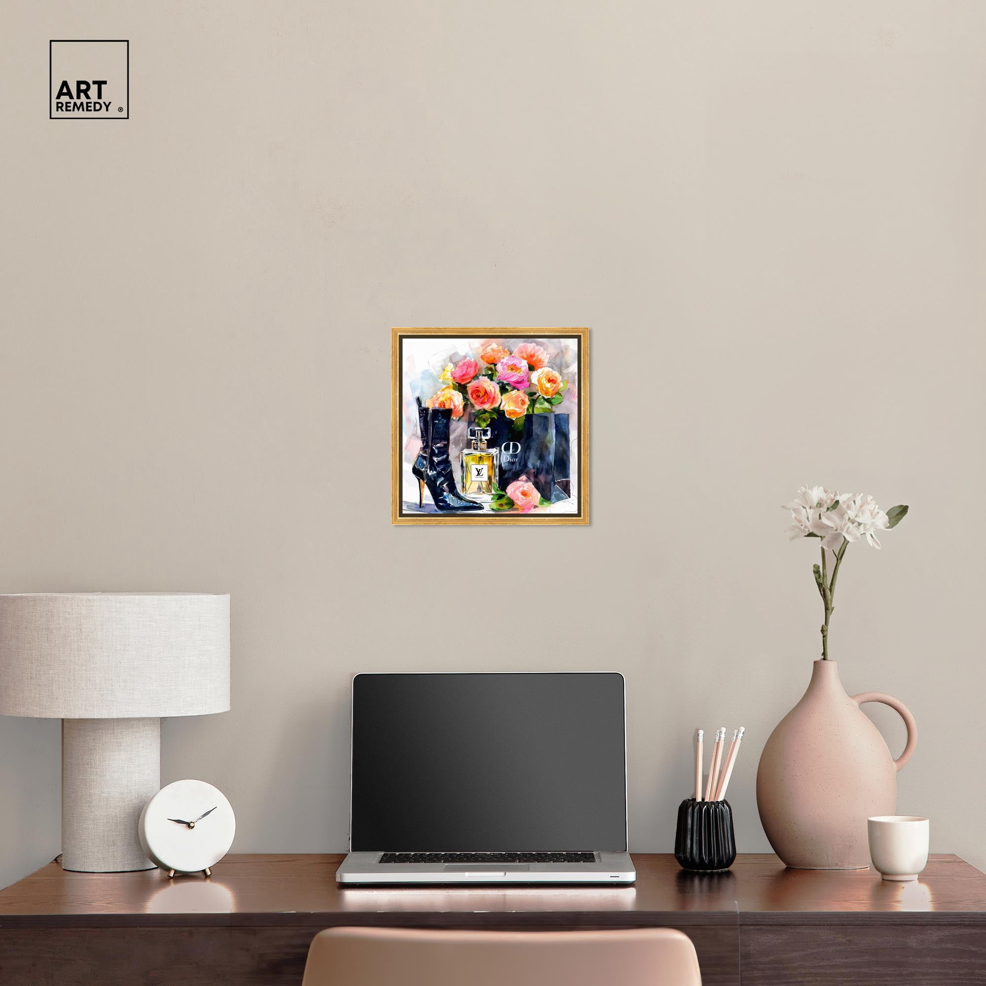 Boot with Perfume and Shopping Bag Canvas Fashion Art Prints by Art Remedy, Gold Frame, 12" x 12"