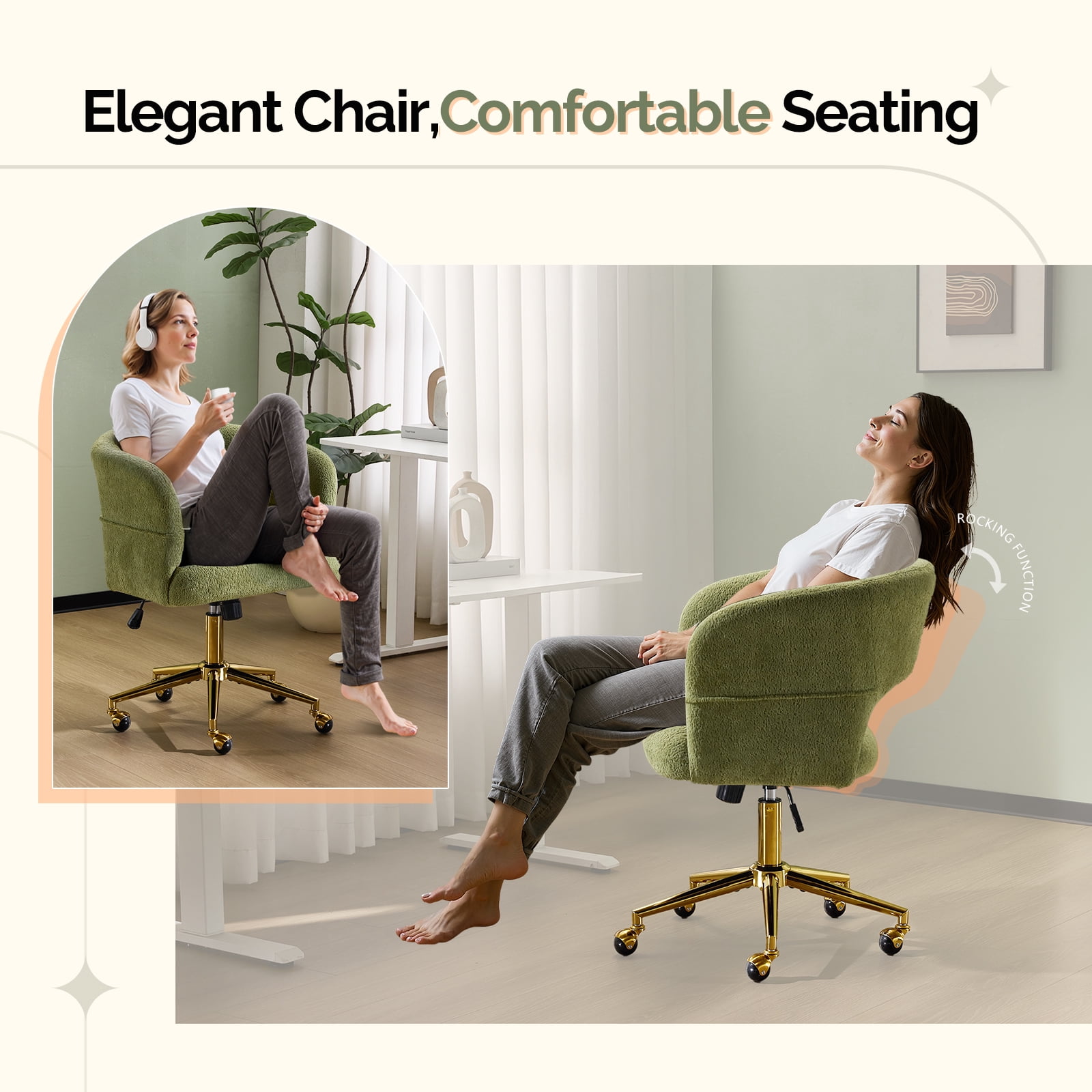 UBesGoo Modern Swivel Accent Chair, Flannel Makeup Vanity Chair, Highly Adjustable Desk Chair for Living Room Dorm Office, Green