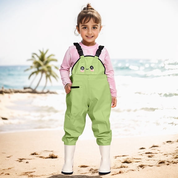 ZHOGXU Kids Children Girls Boys Romper Sleeveless Adjustable Straps Fishing Water Proof Jumpsuit With Rain Boots For Outdoor Activities,Green,4-5 Years