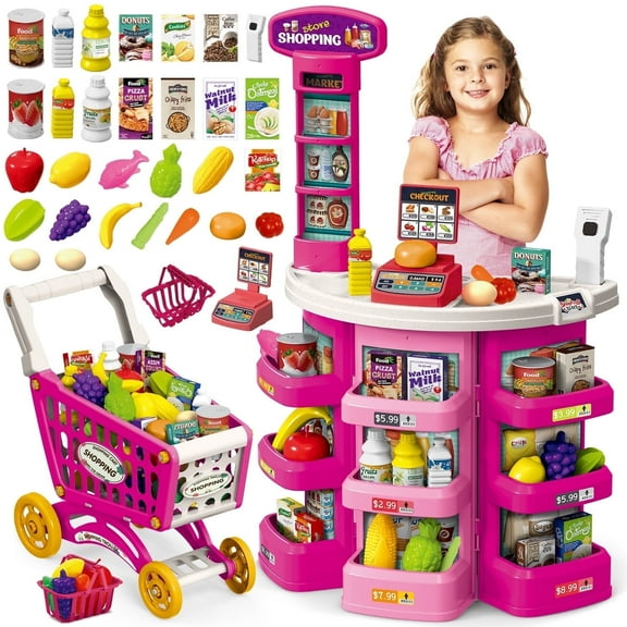 UUSUOO Supermarket Playset for Kids with Shopping Cart,76PCS Pretend Play Toys,Pretend Play Grocery Store Set with Play Food,Cash Register,Christmas & Birthday Gift for Kids 3 4 5 6  