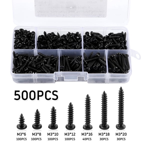 Rzvnmko 500 PCS M3 Black Self Drilling Screws, Round Head Self-tapping Screws for Soft Wood Metal, with Plastic Box