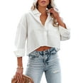 thumbnail image 6 of Womens Button Down Cropped Shirts Long Sleeve Casual Crop Tops Solid Lapel Blouse Shirt with Chest Pocket, 6 of 10