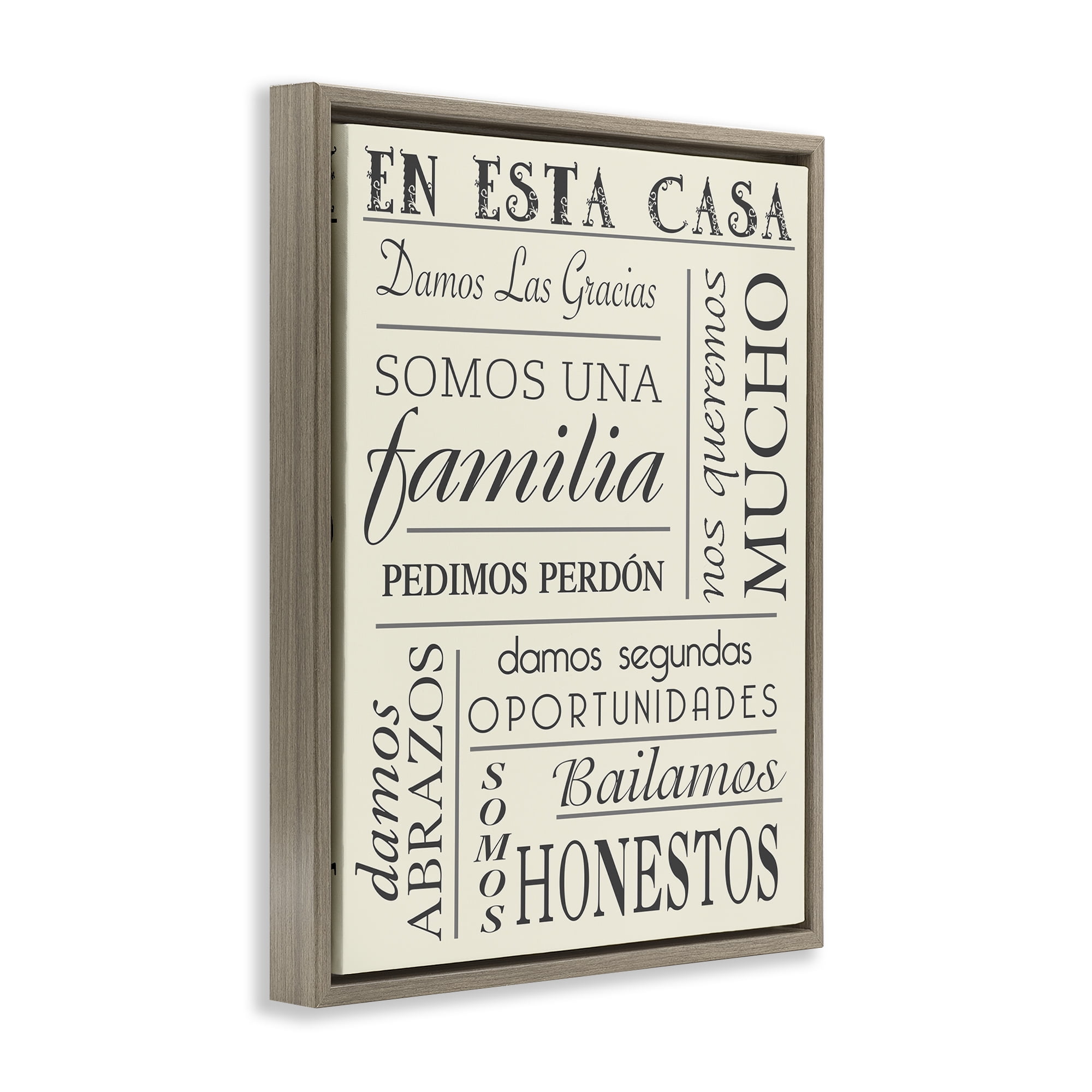 Stupell Industries En Esta Casa Familia Inspirational Quotes & Sayings Painting Brown Floater Framed Art Print Wall Art, 25 x 31