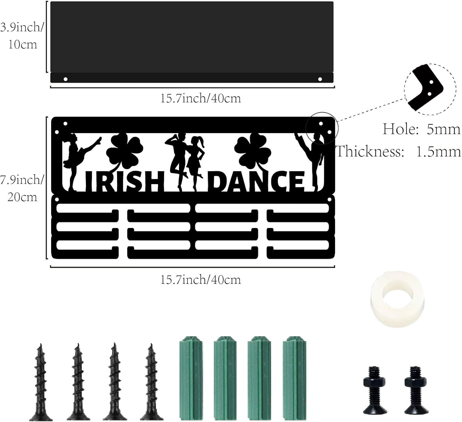 Irish Dance Medal Hanger Sports Troy Shelf Display with 12 Hooks Clover Pattern Awards Metal Medal Holder for Wall Mount Hanging 60+ Medals Rack with Shelf for Award Athletes 15.7x8x4Inch
