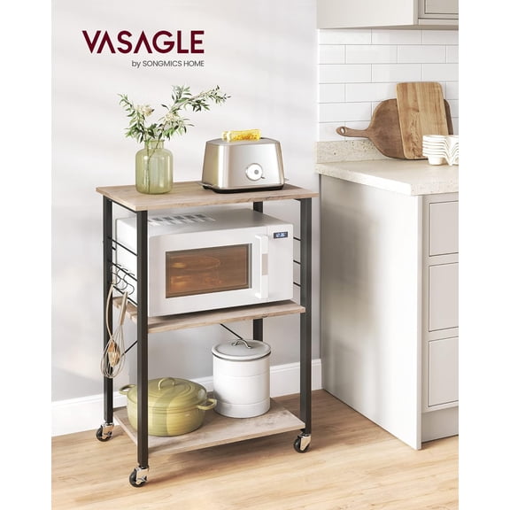 VASAGLE Kitchen Shelf on Wheels, 23.6 Inches Serving Cart with 3 Shelves, Kitchen Cart, Microwave Shelf, for Mini Oven, Toaster, with 6 Hooks, Industrial Style, Heather Greige and Ink Black