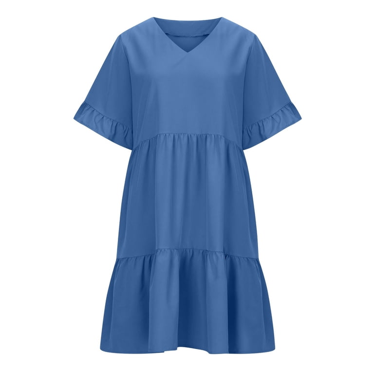 PiGOGI Women's Casual V-Neck Short Sleeve Mini Dress - Solid Color Pullover Flowy  Skirt Dress - Summer Loose Fit Sundress Blue - Walmart.com