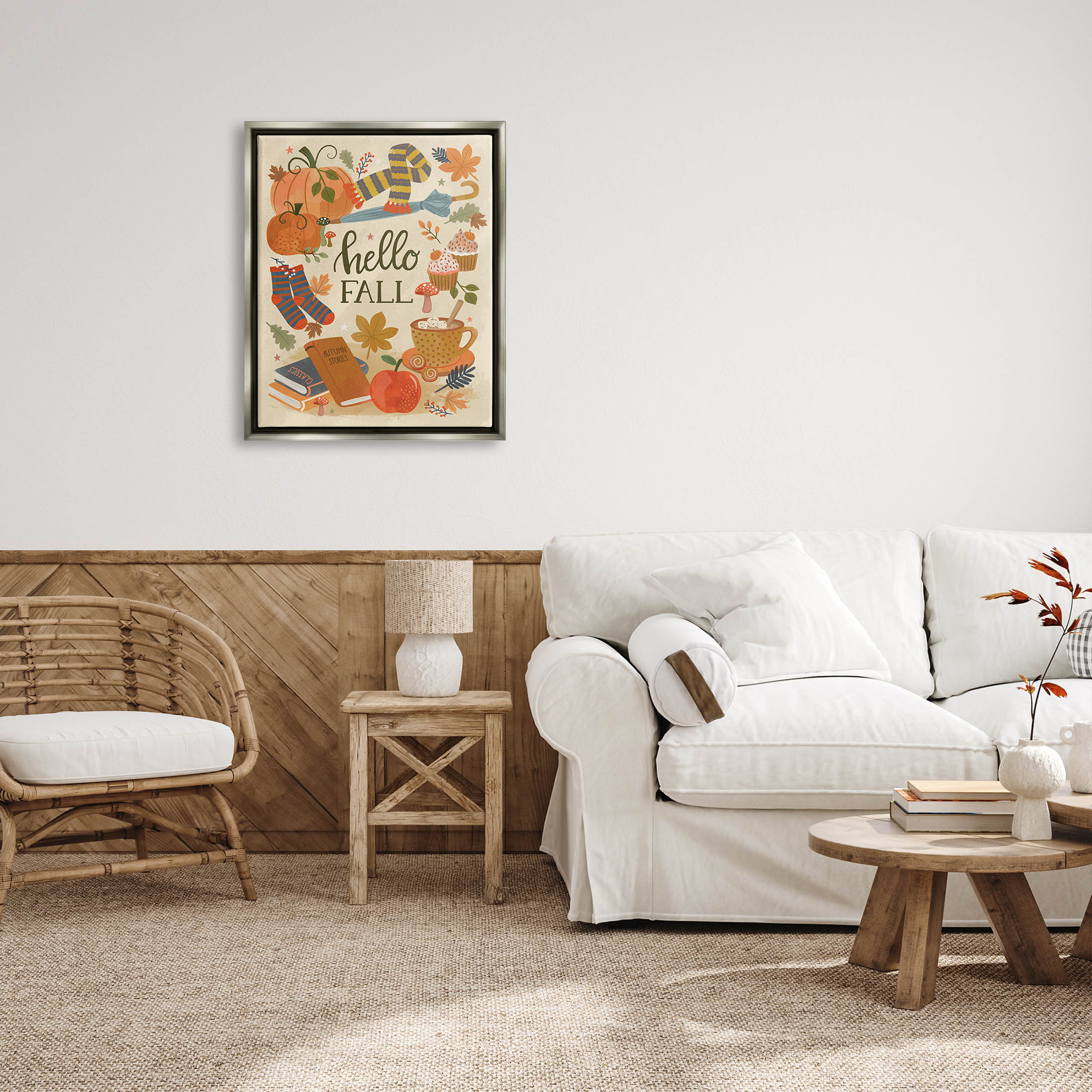 Hello Fall Cozy Autumn Items Holiday Graphic Art Luster Gray Framed Art Print Wall Art