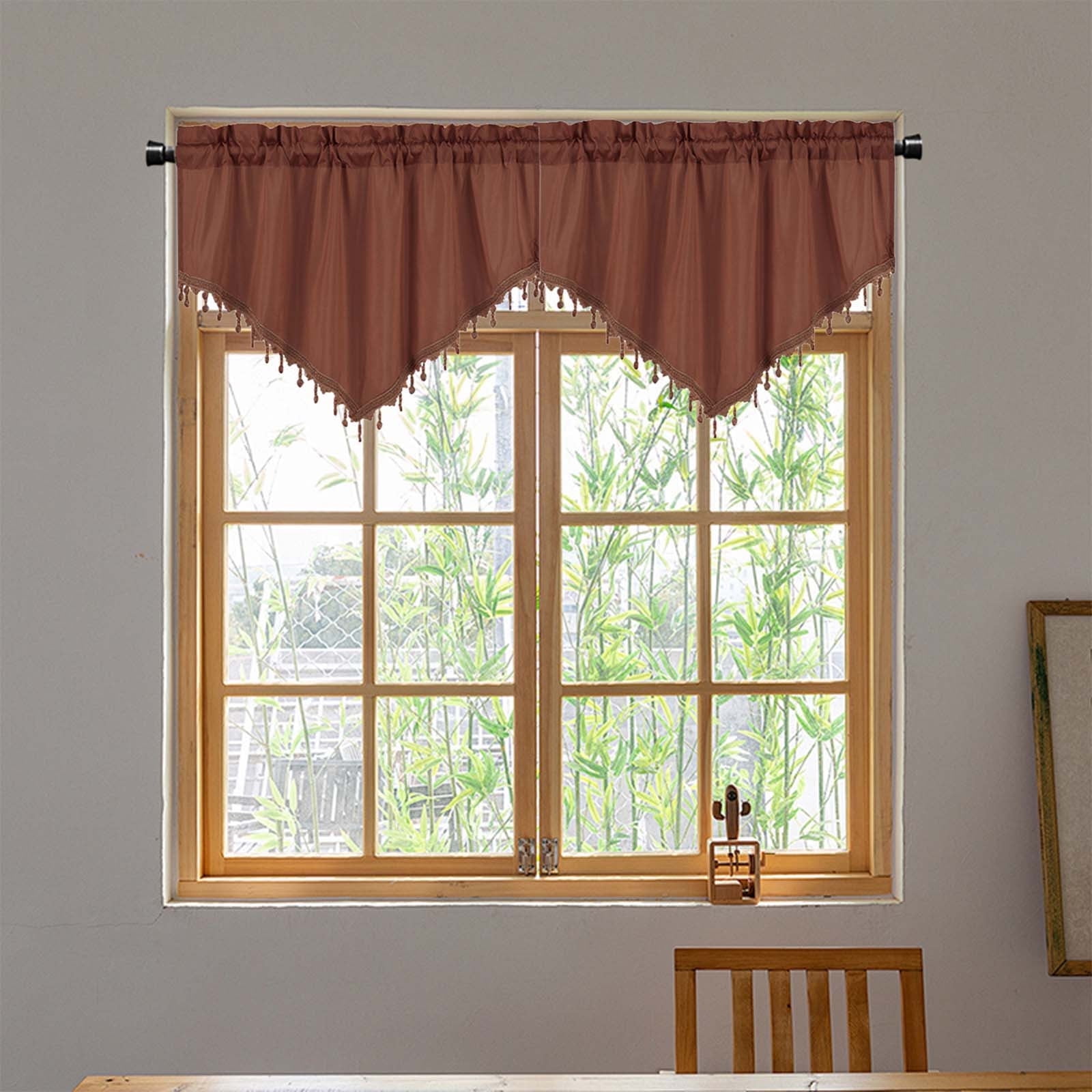 Beaded Triangle Sheer Valance Curtains for Living Room, Rod Pocket Farm Window Valance, Bead Trim Tassel Voile Sheer Curtain Valance for Bedroom Bathroom Cafe