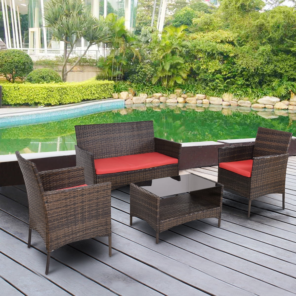 Costway 4 PCS Outdoor Patio Rattan Furniture Set Table Shelf Sofa W Red Cushions by Costway