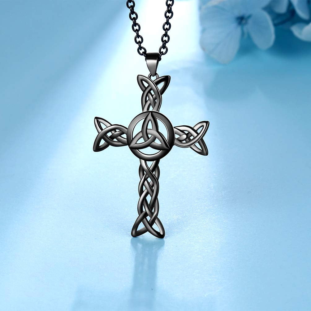 Hipunk Celtic Cross Necklace for Men Women 925 Sterling Silver Celtic Knot Cross Pendant Necklace Trinity Triquetra Irish Jewelry Fathers Day Gift for Dad
