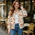thumbnail image 2 of COEQINE Womens Zip Up Bomber Jacket Long Sleeve Varsity Jackets Shackets Casual Coat with Pockets, Relaxed Fit Stand Collar Fall Winter Outerwear, X-Large, Mushroom Floral, 2 of 7