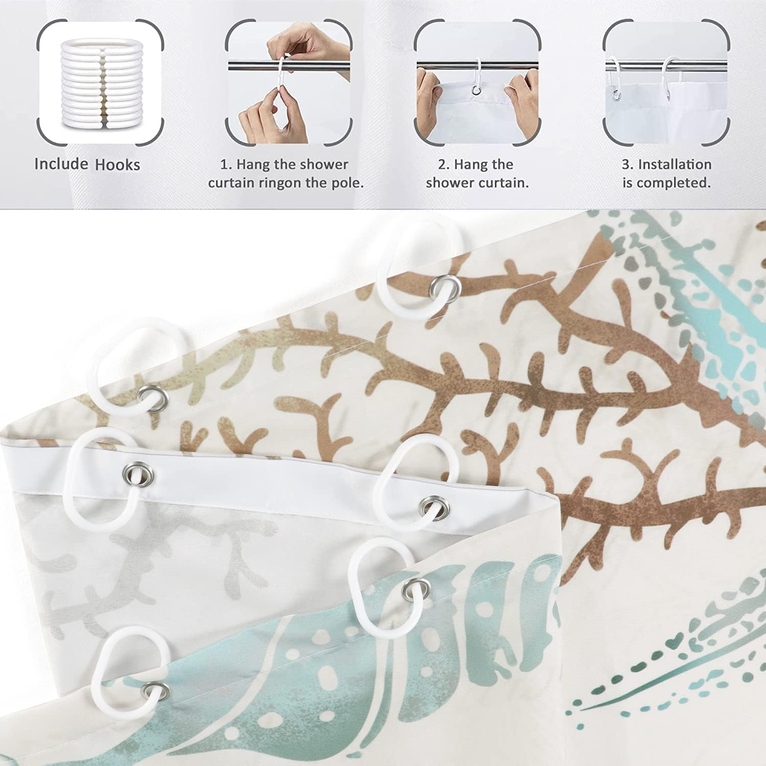 Starfish and Seashells Shower Curtain, Weighted Bottom Vintage Beige Ivory Coral Conch Nautical Oncean Beach Bathroom Curtain Waterproof Fabric Machine Washable with Hooks,72" Wx72 L