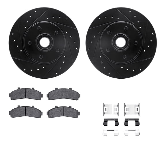 Dynamic Friction Company Front Brake Rotors-Drilled and Slotted-Black with Heavy Duty Brake Pads includes Hardware 8212-99123