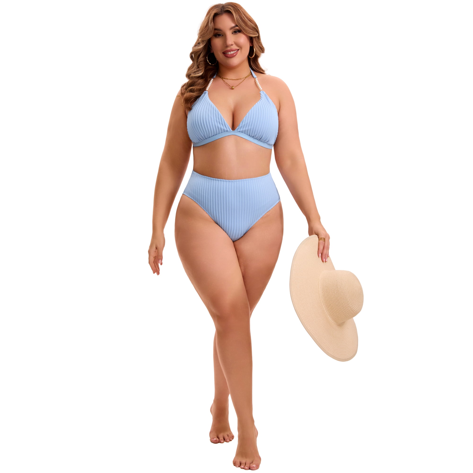 DARING DIVA Women's Plus Ribbed Halter Pearl Strap Top High Waisted Shorts 3X Light Blue