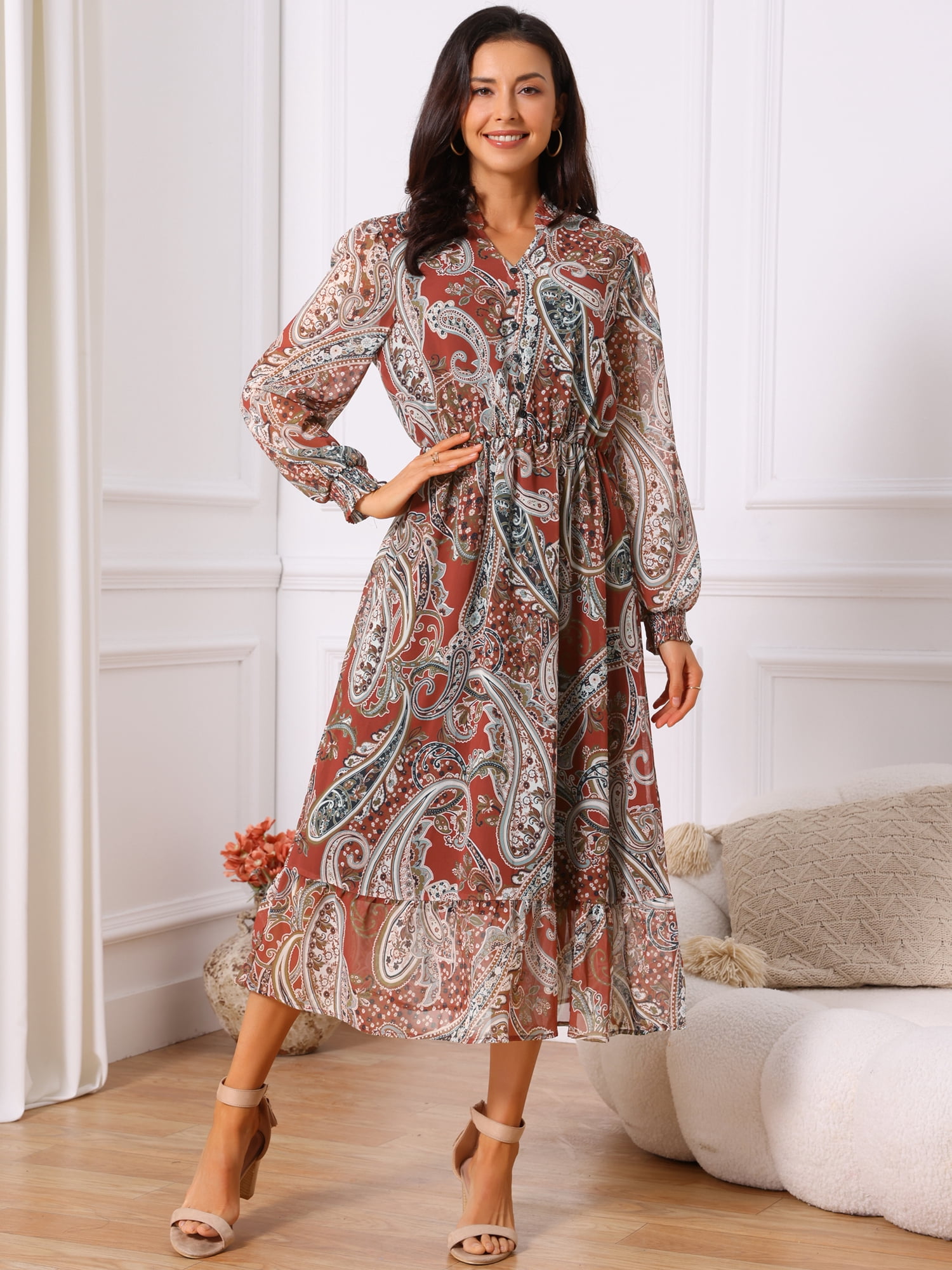 DARING DIVA Women's V Neck Long Sleeve Smocked Cuff A-Line Dress M Red
