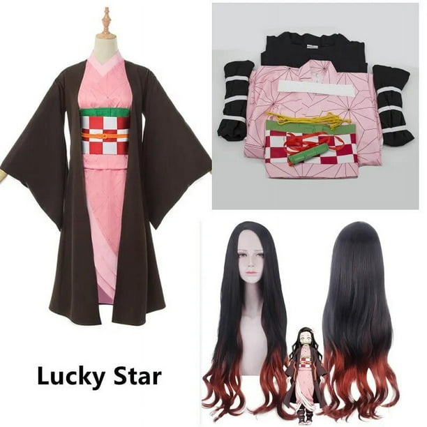 Disfraz de Cosplay de Anime Demon Slayer, Kimetsu No Yaiba, Nezuko Kamado, peluca de tubo de bambú, uniforme de Kimono, ropa de Halloween para mujeres y niños