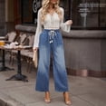 thumbnail image 5 of Women's High-Waisted Cargo Denim Pants - Elastic Waist 6-Pocket Wide Leg Loose Casual Jeans, Sky Blue Size XXL, 5 of 6