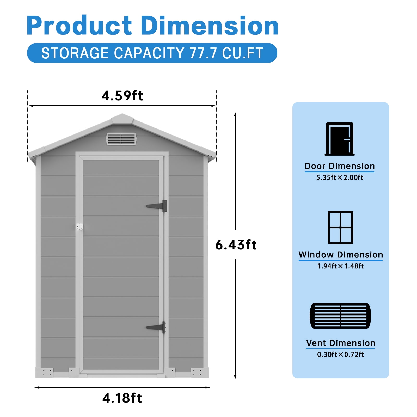 4x3 FT Gray Outdoor Storage Shed - Resin with Sloped Roof, Drainage Holes,Lockable Door,Transport Ramp, Window & Vent for Backyard, Garden, Patio, Lawn Optimized Five Bullet Points