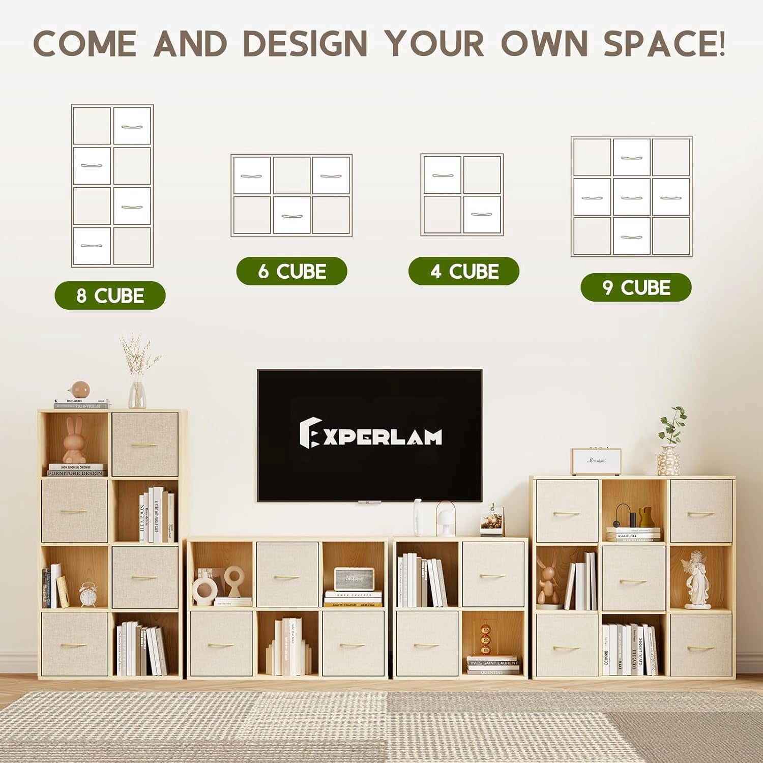 4 Cube Storage Organizer - Solid Wood Bookshelf with 2 Storage Bins, Cube Shelf with 2 Removable Back Panels, Vertical or Horizontal Bookcase, Open Book Shelf for Bedroom, Living Room, Office
