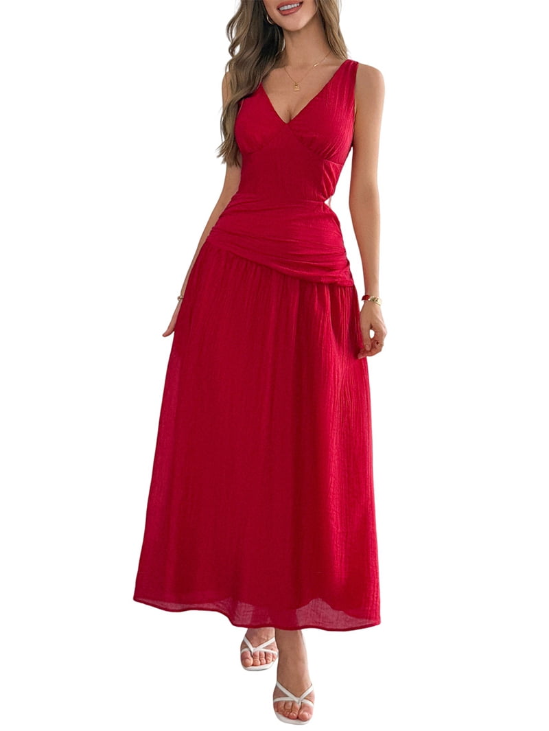 Women'S Summer Sleeveless Casual Dresses V-Neck Wrinkles Backless Party Dress Red M
