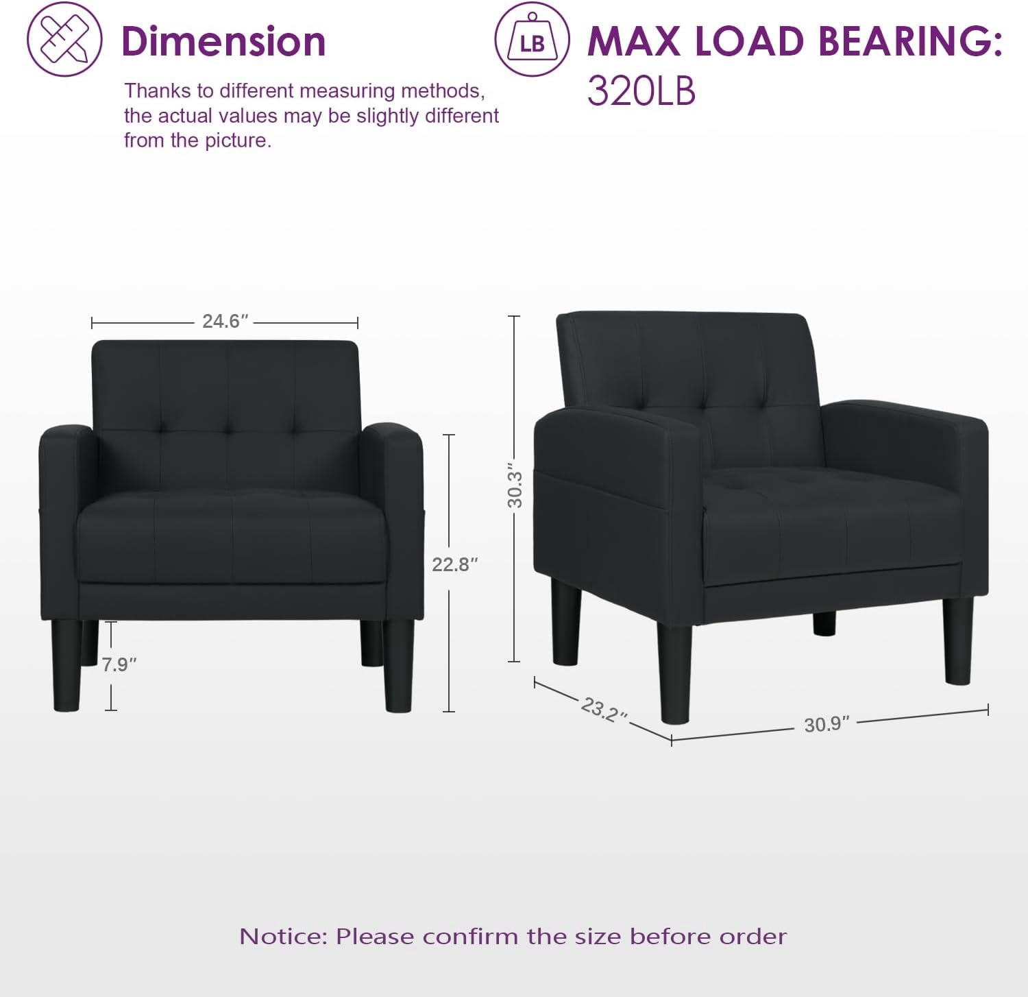 Coewske Faux Leather Modern Accent Chair Tufted Cozy Single Sofa Chair Armchair w/ Side Pocket Black