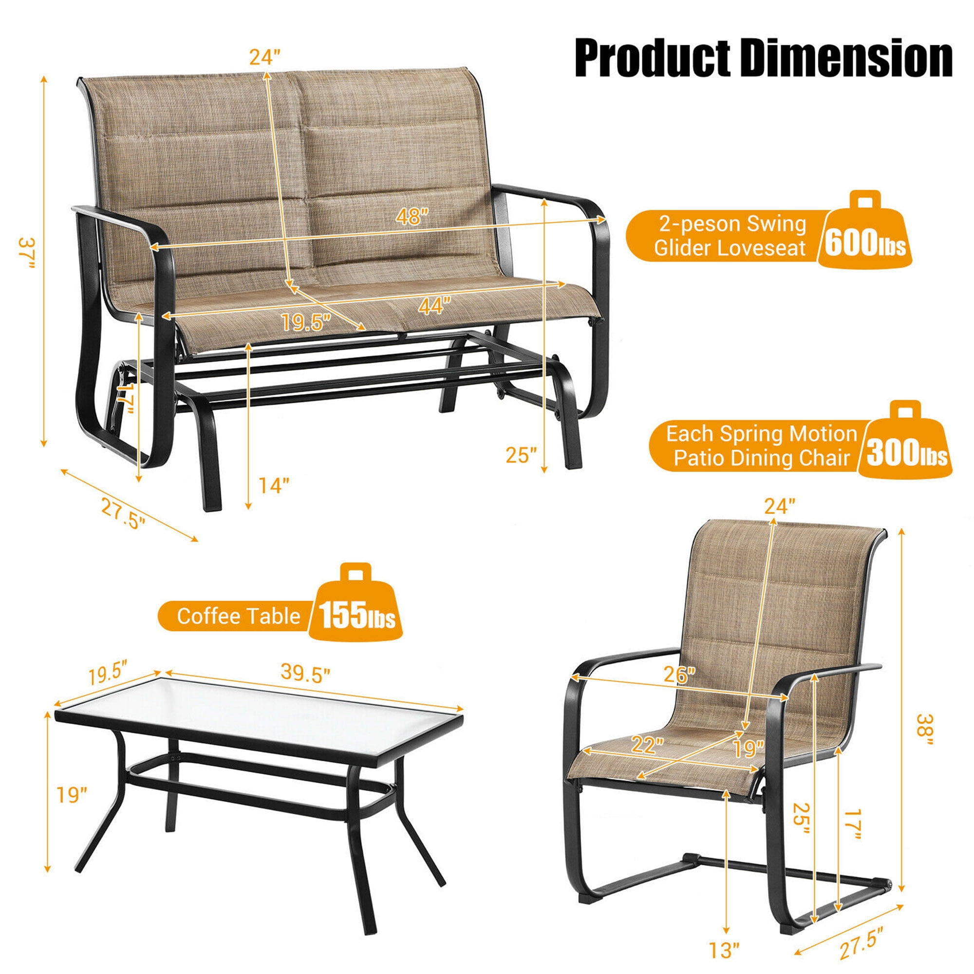 Gymax Fashion 4PCS Patio Conversation Set Cotton Padded Furniture Set w/ Swing Glider Loveseat