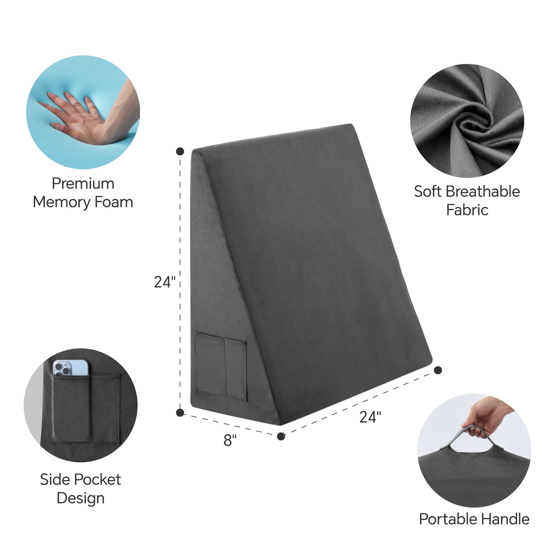 Wedge Pillow  8 Inch Bed For Headboard Acid Reflux Sleeping After Triangle - Memory Foam Top Plush Grey