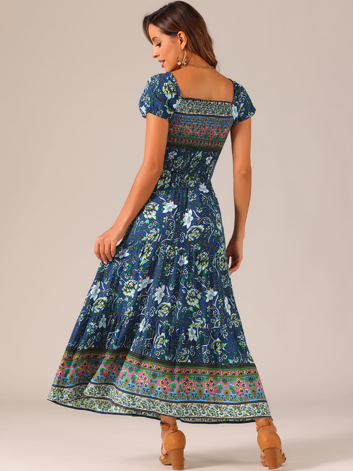 DARING DIVA Women's Boho Floral Square Neck Smocked Back Midi Dresses XS Dark Blue