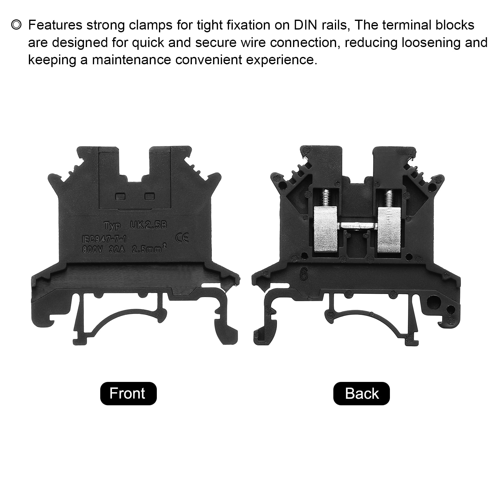 Uxcell Terminal Blocks 100 Pack UK-2.5B Rail Mount Fuse Holder Screw Terminal Block Wire End Bracket Stopper Din Rail Screw for DIY Electronic Circuits Machine Appliances, Black