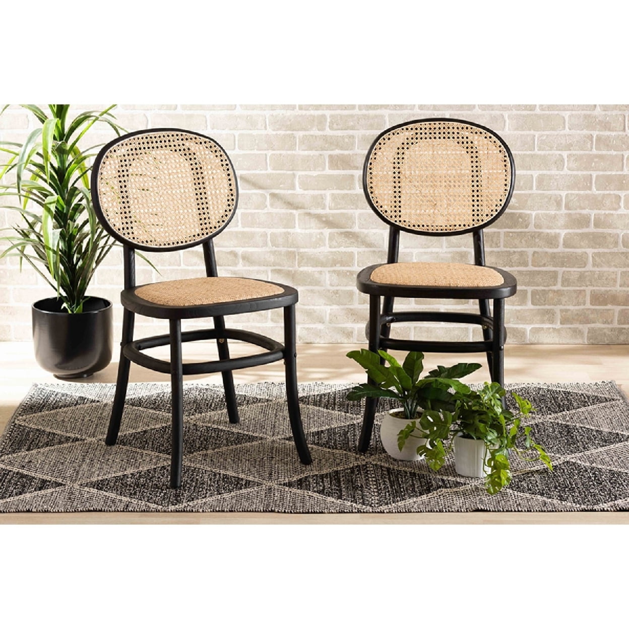 Baxton Studio Garold Mid-Century Modern Brown Woven Rattan and Black Wood 2-Piece Cane Dining Chair Set