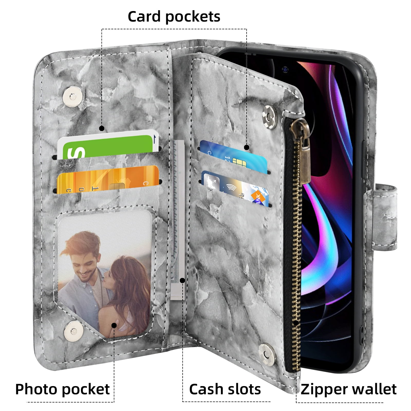 Compatible with Motorola Moto Edge 2021/MotoEdge 5G UW 2021 Wallet Phone Case and Tempered Glass Screen Protector Marble Faux Leather Flip Credit Card Holder Stand Zipper Cell Cover for XT2141-1 Grey