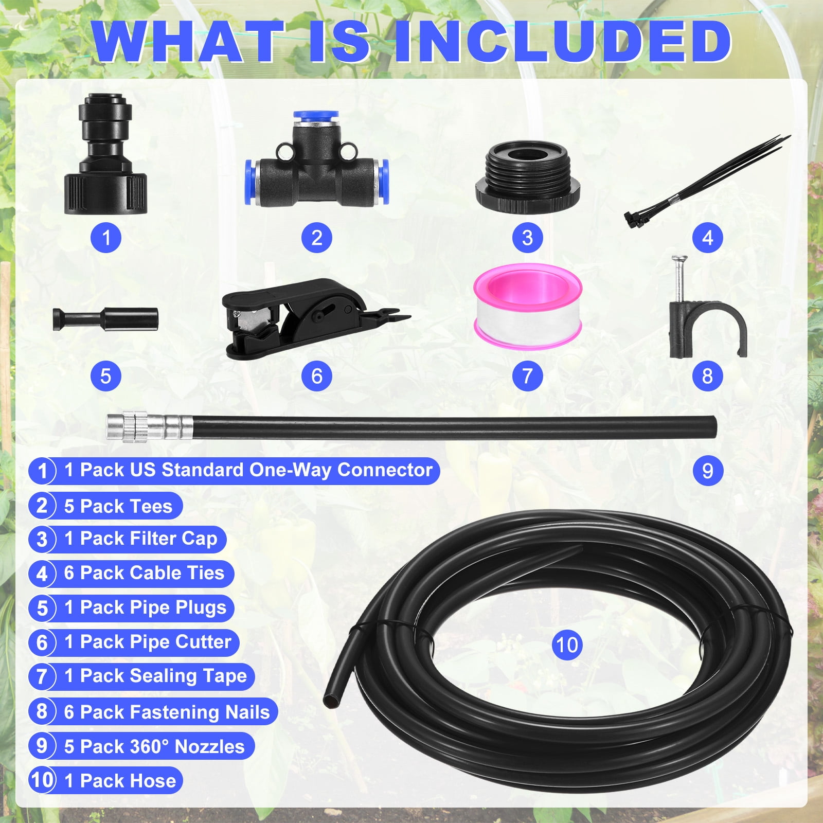 Uxcell 1-Set Drip Irrigation System, 20Ft 5/16" Hose Garden Watering Misting System with 5pcs 360° Adjustable Copper Nozzles