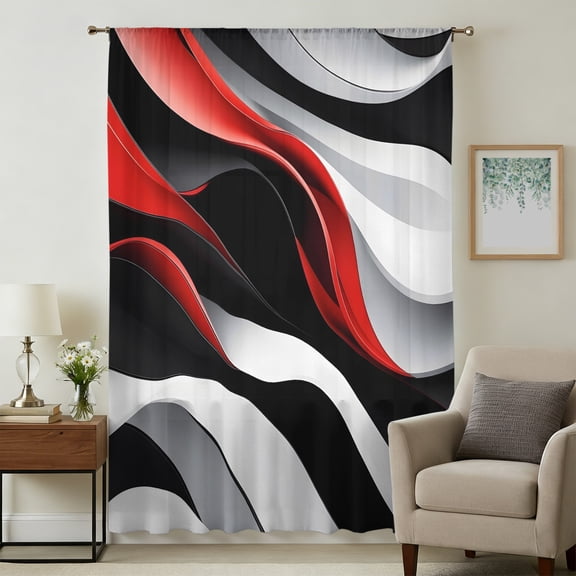 Black Red White Sheer Curtains 96 Inches Long, Abstract Art Waves Minimalist Light Filering Curtains, Privacy Drapes Simi Floor to Veiling Curtain for Living Room Bedroom Large Window Treatment