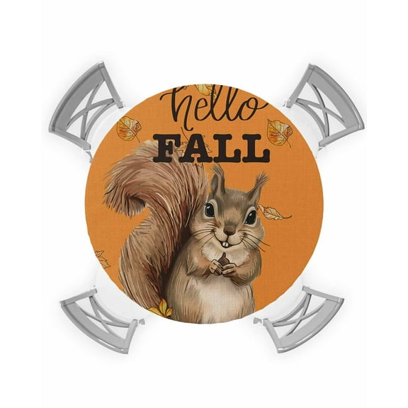 nqOlkjepod Orange Squirrel Hello Fall Round Tablecloth, Fitted Table Cover with Elastic for 36"-44" Round Tables, Maple Leaf Thanksgiving Table Cloth Outdoor Dinning Party Waterproof Tablecloths