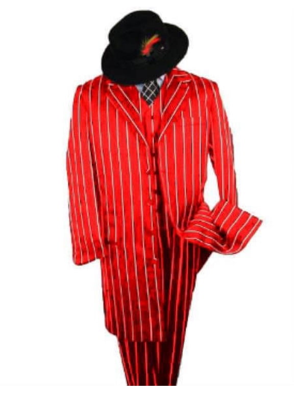 Zoot Suit - Pimp Suit - Zuit Suit AMM282 SHIMMERY GANGSTER Black And Bold Pronounce Red ~ White Pinstripe Fashion
