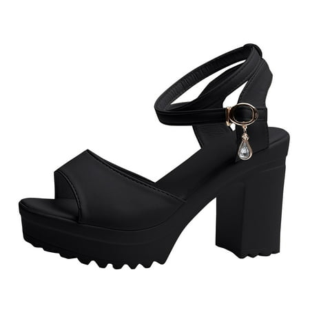 CHOII Fashion Shallow Pointed-Toe High Heels Sexy Party Shoes Platform High Heels Ankle Strap Rhinestone Pendant Sandals for Women Clearance! Black/8