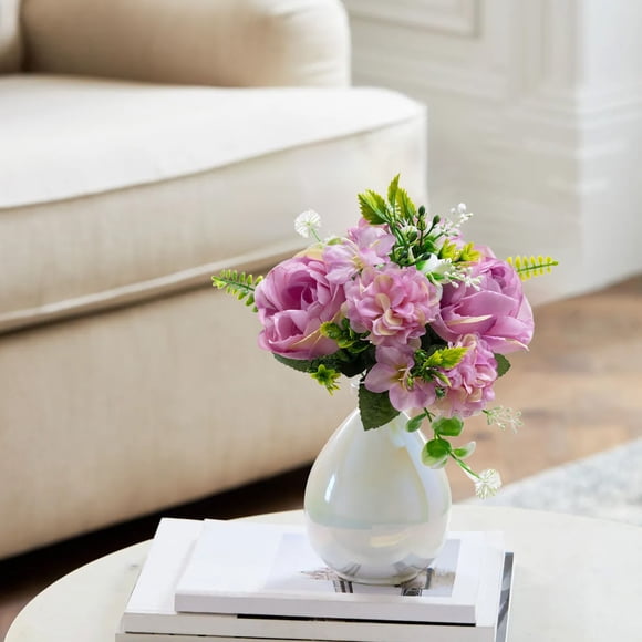 Fleurs Artificielles, Arrangement Floral de Fausses Roses Réalistes, Bouquet de Mariage en Plastique Non Décolorant pour Décoration de Maison, Bureau, Bureau, Salle de Bain, Violet
