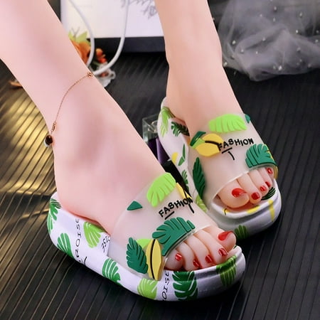 

Thick Sole Slippers High Platform Shoes PVC Flip Flop Bright Color Leaves Design Anti-Slip for Indoor Outdoor Bathroom