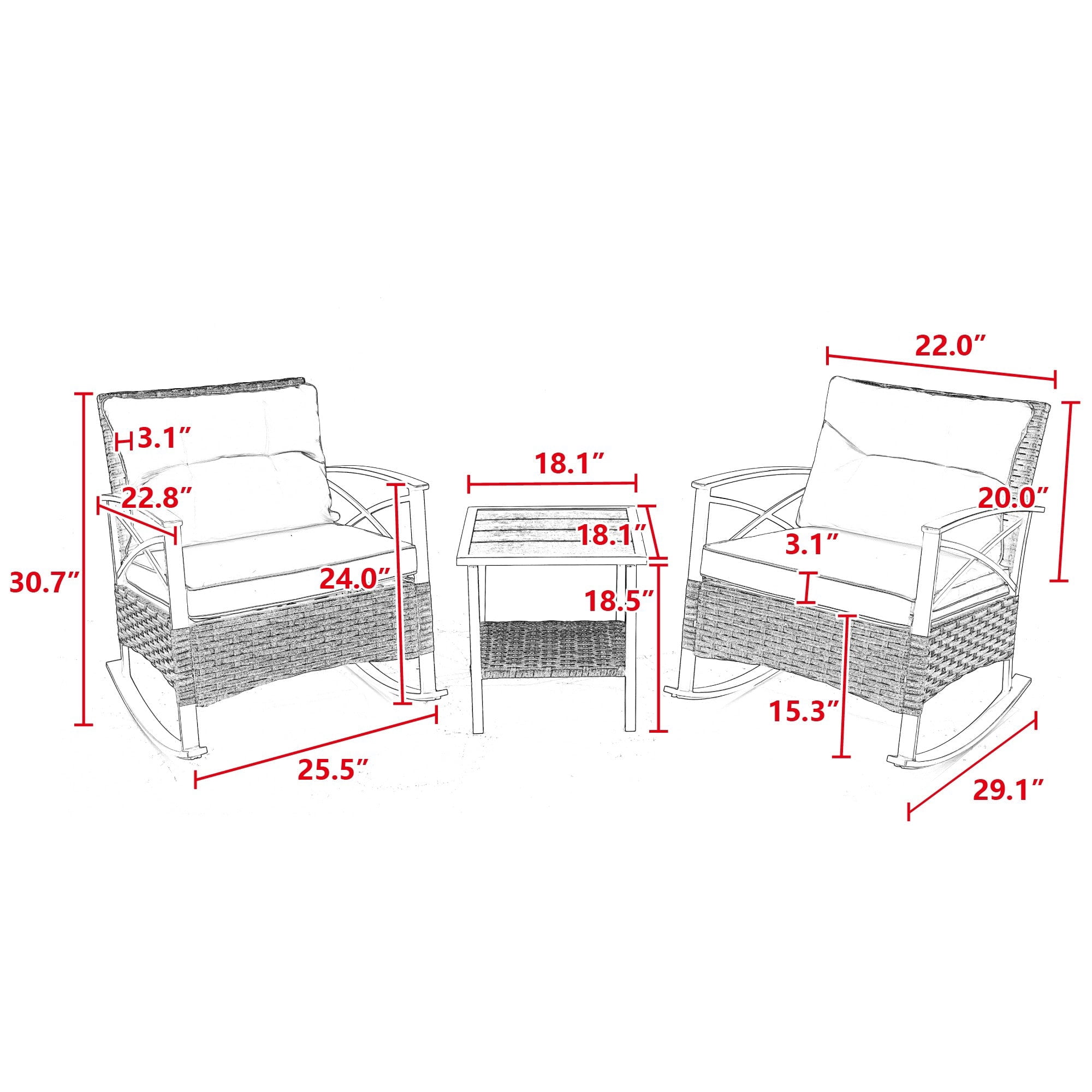 Sailvan 3 Piece Outdoor Chair Set, Wicker Leisure Rocking Patio Furniture Set with Side Table