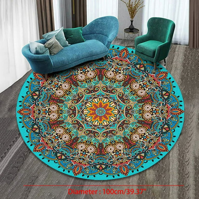 Boho Round Rug 39Inches Small Round Area Rug Non Slip Round Bathroom Rug Washable Throw Rugs for Bedroom Oriental Distressed Round Kitchen Office Circle Rug Round Carpet for Living Dining Room Sofa