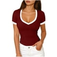 thumbnail image 2 of Miqool Crop Tops for Women Color Block V Neck Cute Going Out Tops Short Sleeve Ribbed Yoga Gym Shirts Summer Basic Tees, 2 of 6