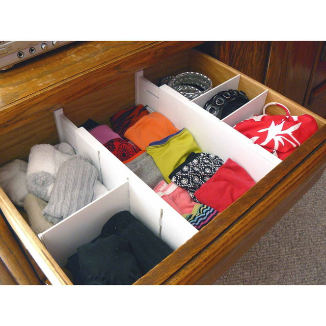 USA Patented White Plastic 5 PC Dresser Drawer Expandable Divider Set, for drawers 12" to 16"