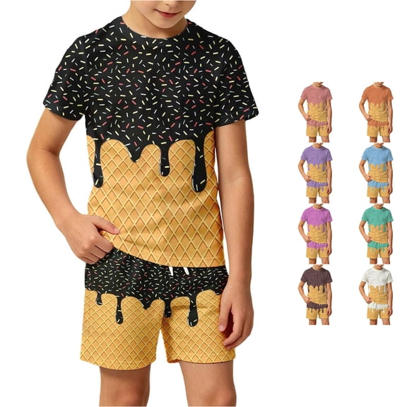 XAOFW Back To School Outfits For Boys Short Sleeve Ice Cream Printed Tops Shorts Toddler Kids Summer Cute Clothing Sets 2-3 Years