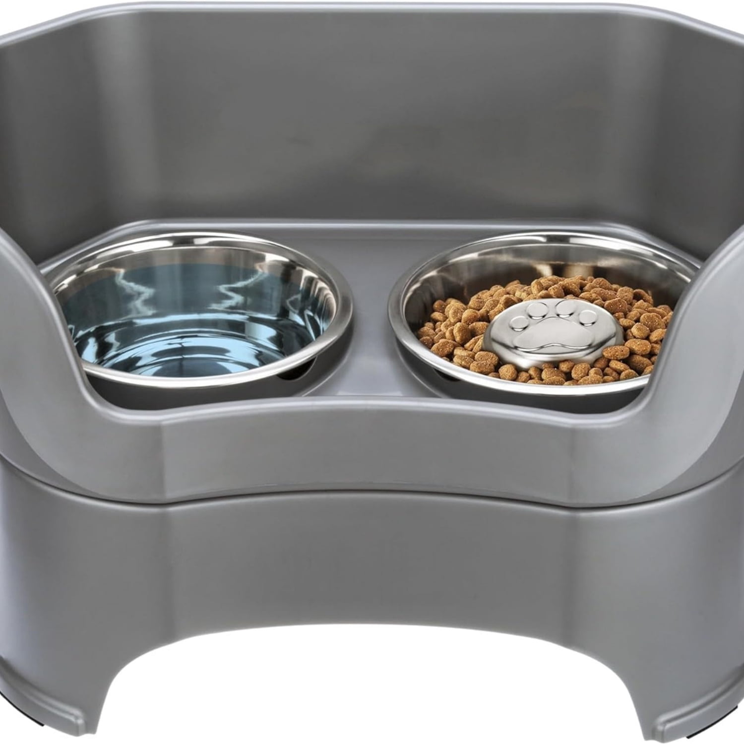 Deluxe Mess Proof Dog Bowls Elevated for Large Breeds – No Spill Raised Slow Feeder Elevated Dog Bowl Stand, Stainless Steel Food and Water Bowl Set, Grey