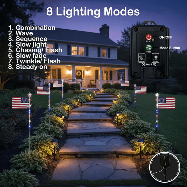 8 Pack Solar American Flag Pathway Stake Lights with 8 Modes, Red White Blue Patriotic Solar Powered Flag Pole Lights, Waterproof LED Outdoor 4th of July Memorial Day Yard Garden Decorations