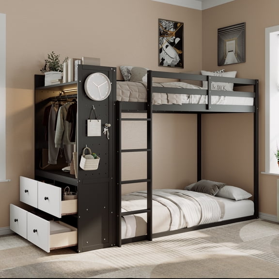 Newest Twin over Twin Bunk Bed with 4 Drawers & Wardrobe, Modern Wood Frame with Light Strip and Pegboards, Black