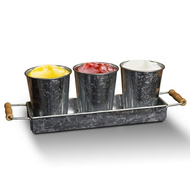 Galvanized Farmhouse Metal Serving Caddy Tray Wood Handles Utensil Holder Cups Rustic Wooden Handle Exultimate