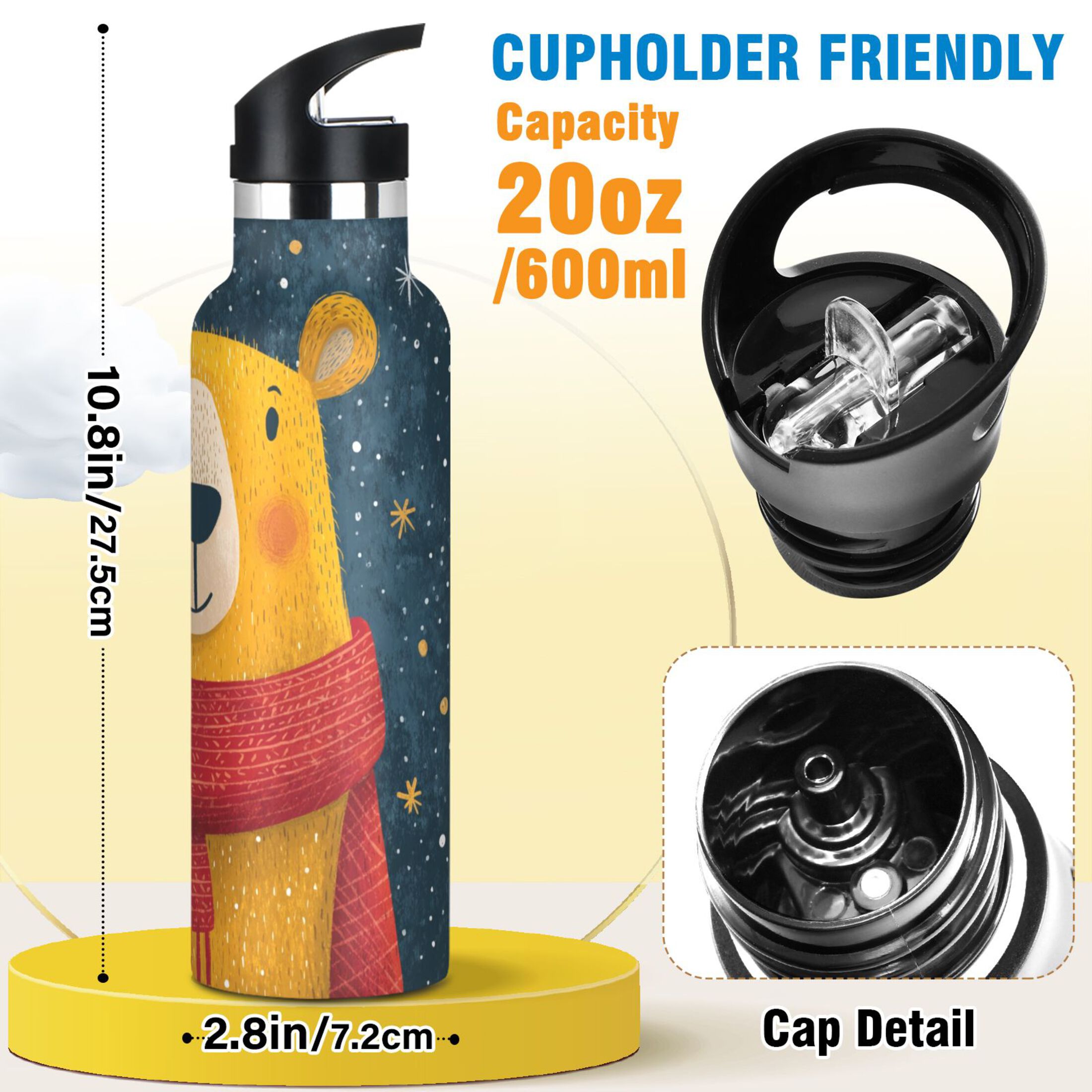 600ML Stainless Steel Insulated Cup Sports Water Bottle Portable Thermos Cup Water Glasses Insulated Tumblers Convenient and Durable Cartoon Christmas Yellow Bear